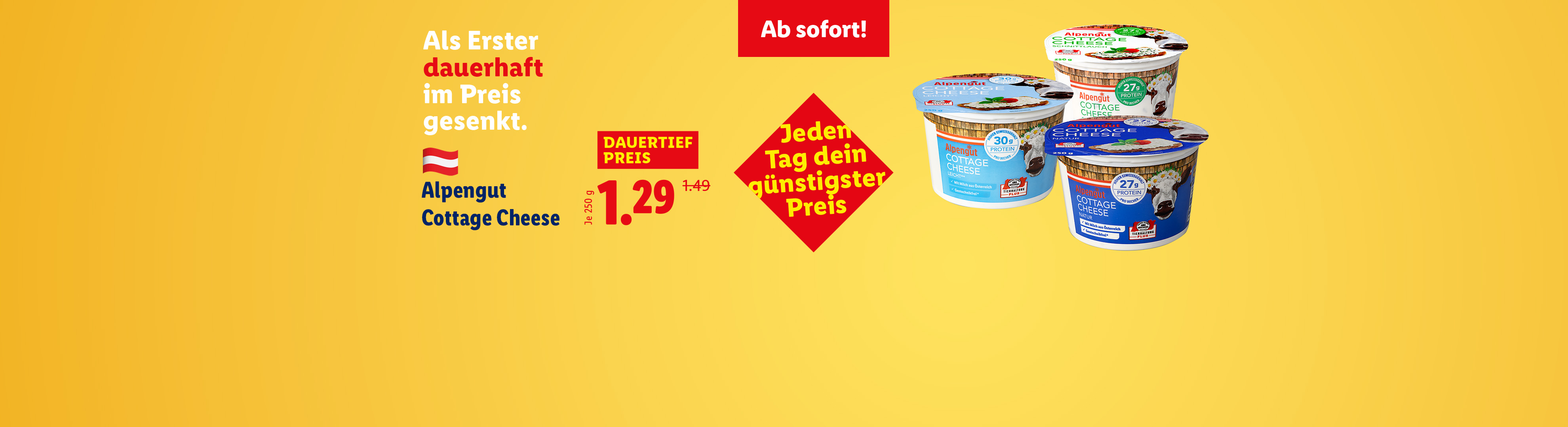 Cottage Cheese in verschiedenen Sorten, dauerhaft im Preis gesenkt.