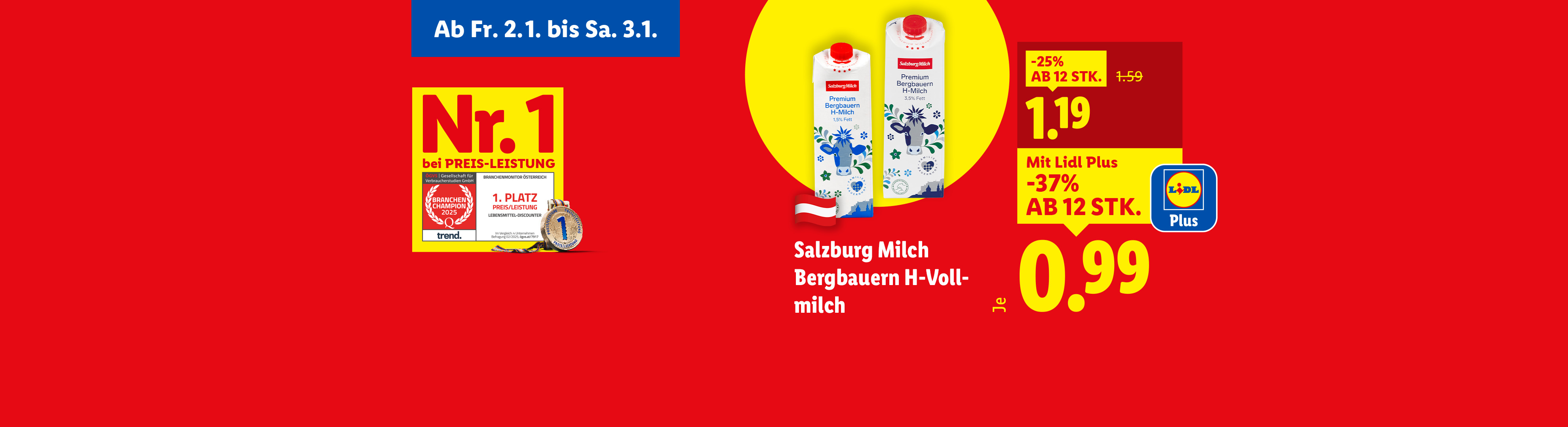 Salzburg Milch Bergbauern H-Vollmilch im Angebot, ab 12 Stück für 0,99 € mit Lidl Plus.