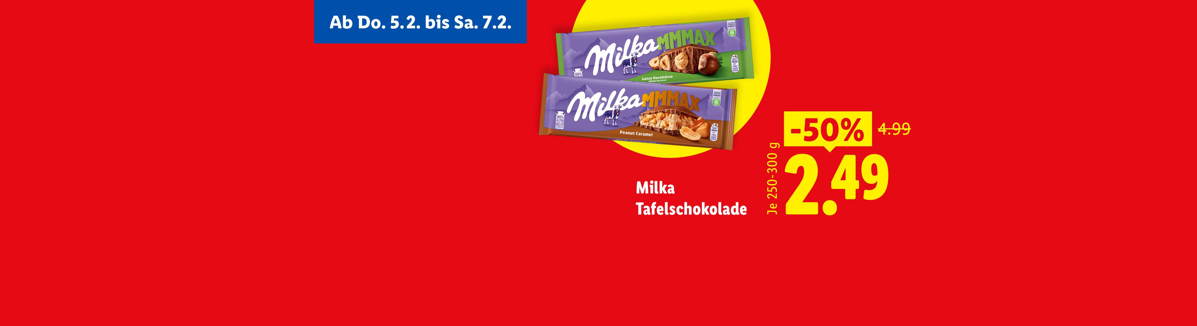 Schokoladentafeln mit Nüssen und Karamell, beworben mit einem Rabatt von 50% für 2,49 €.
