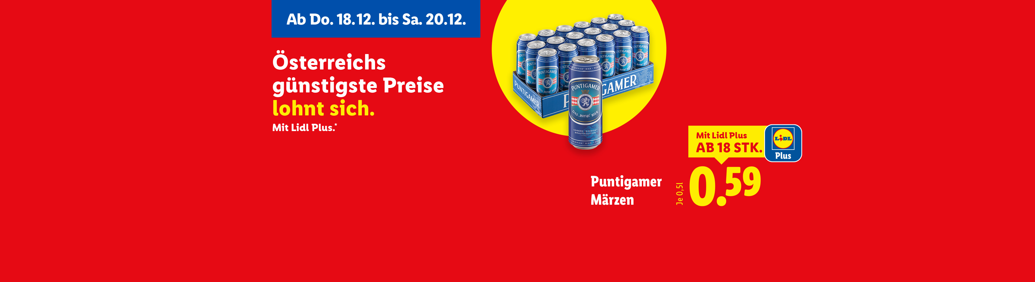 Lidl-Werbung für Puntigamer Bierdosen zum Preis von 0,59 € mit Lidl Plus.