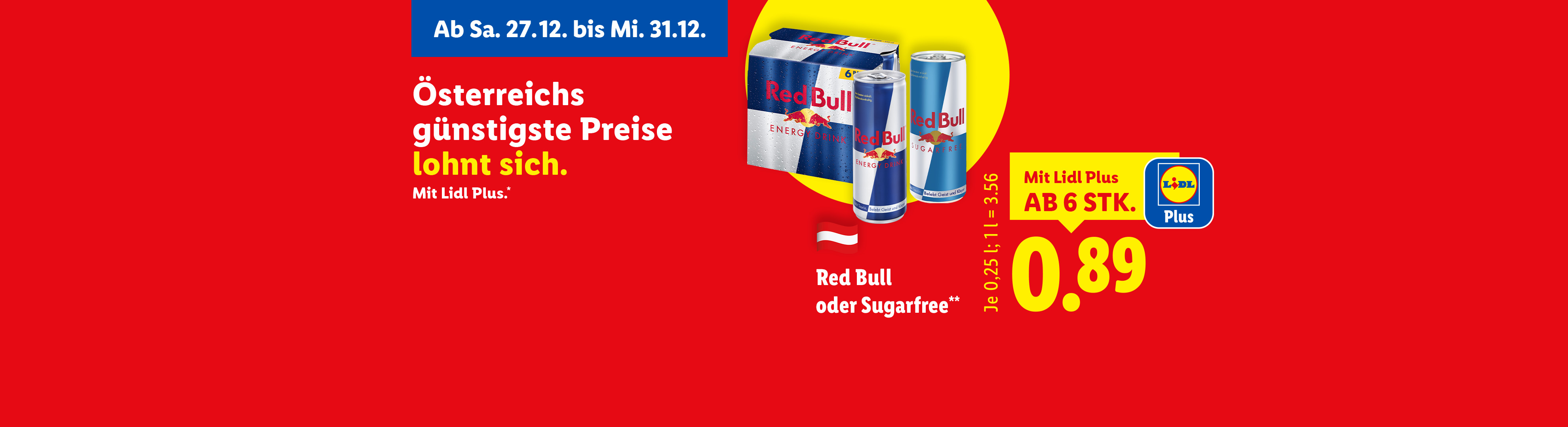Red Bull Energy Drink und Sugarfree Dosen im Angebot bei Lidl Plus.