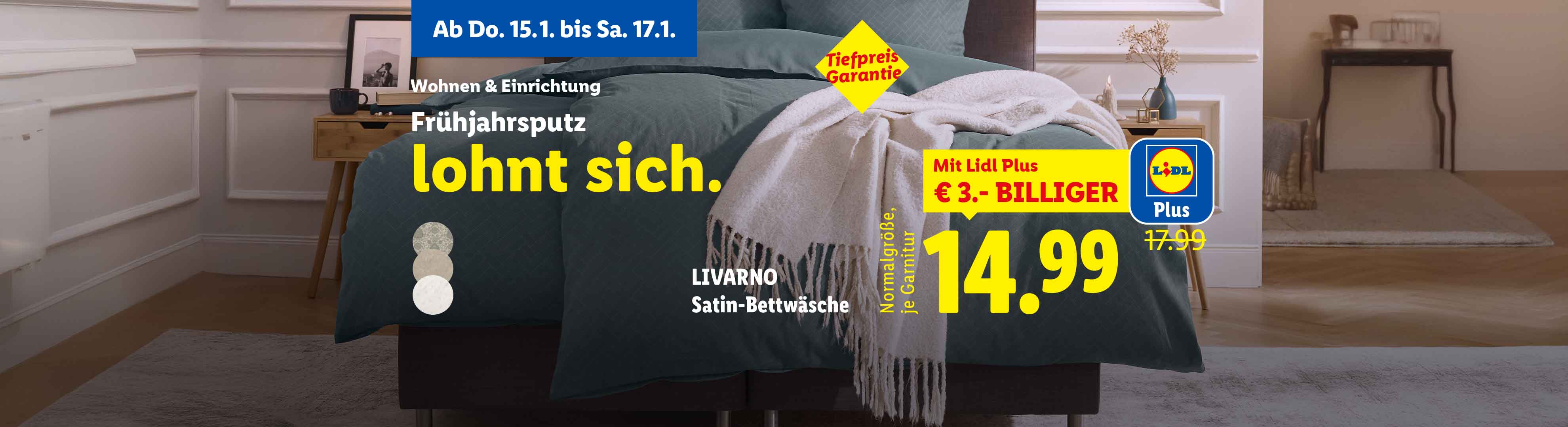 LIVARNO Satin-Bettwäsche in verschiedenen Farben, beworben mit einem Tiefpreis und Lidl Plus Rabatt.