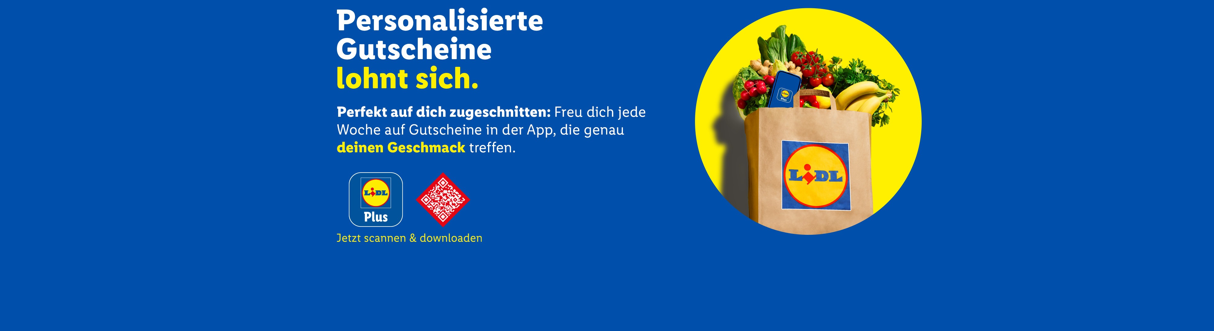 Personalisierte Gutscheine lohnen sich. Eine Einkaufstasche voller frischer Lebensmittel und ein Smartphone mit der App.