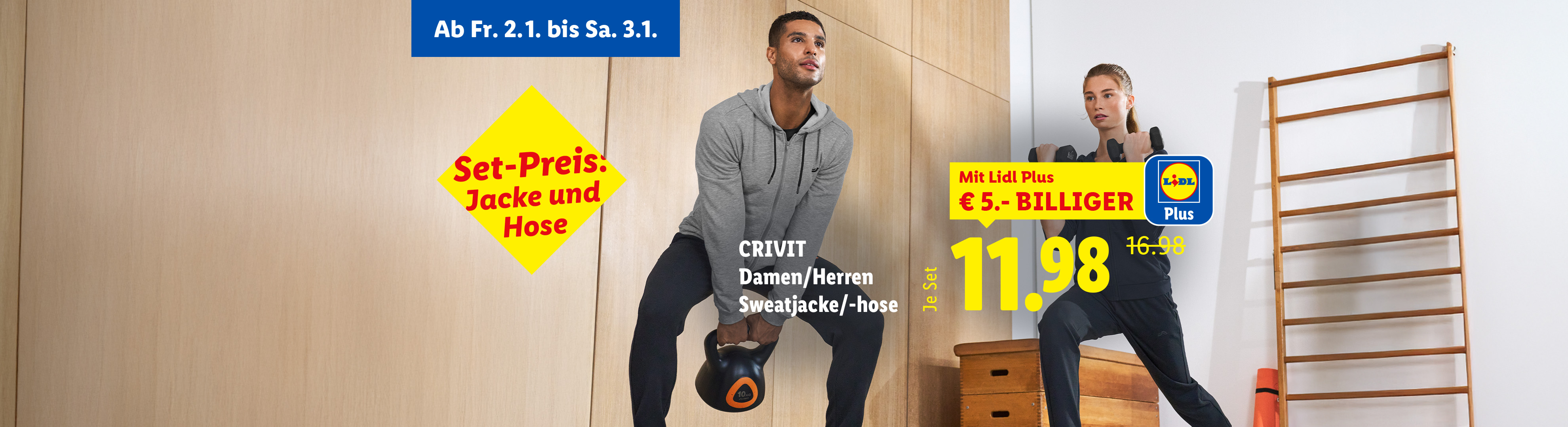 Lidl Plus Angebot für CRIVIT Damen/Herren Sweatjacke und -hose im Set.