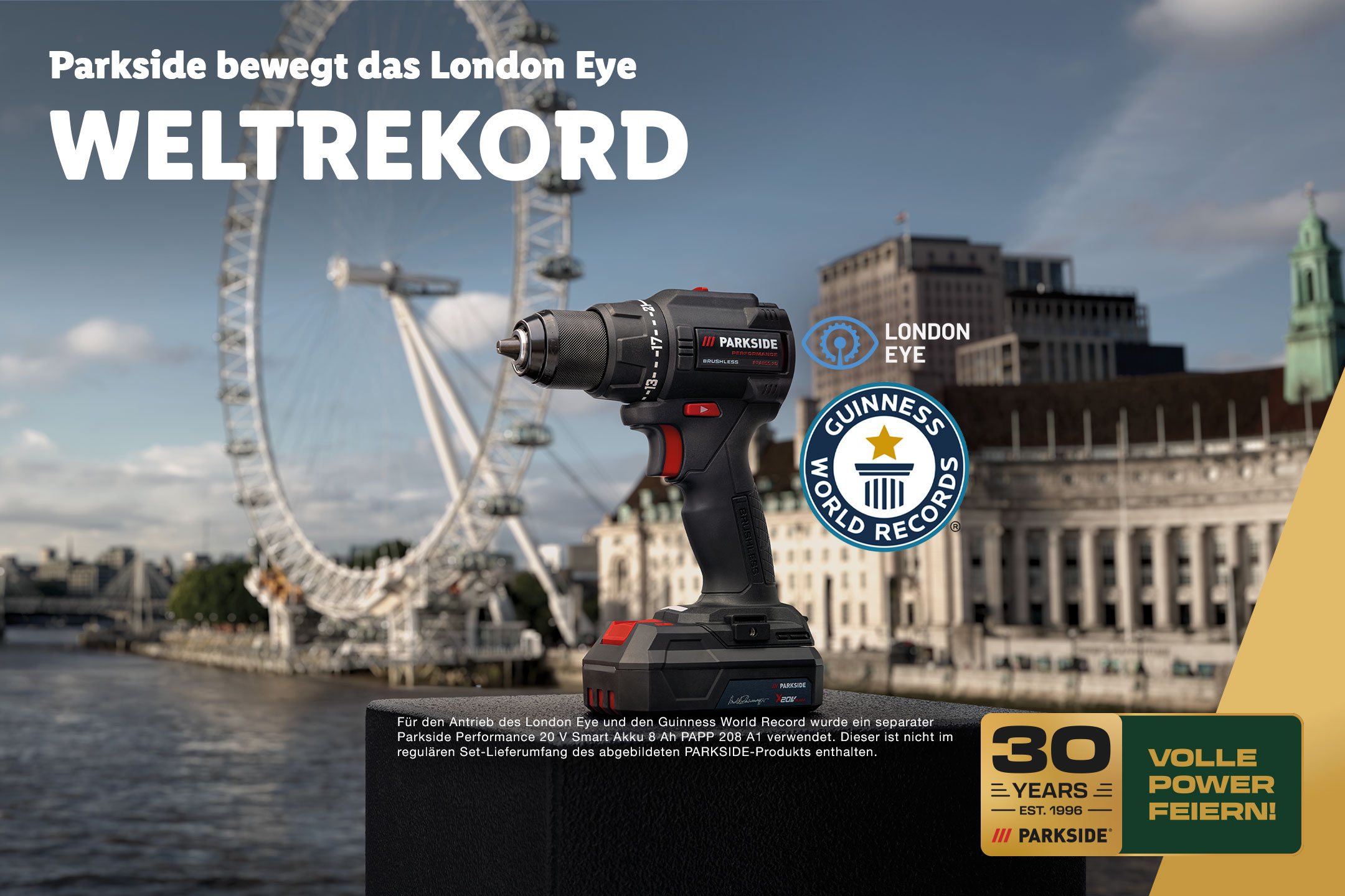 Bohrschrauber vor London Eye, feiert 30 Jahre Leistung und Weltrekord.