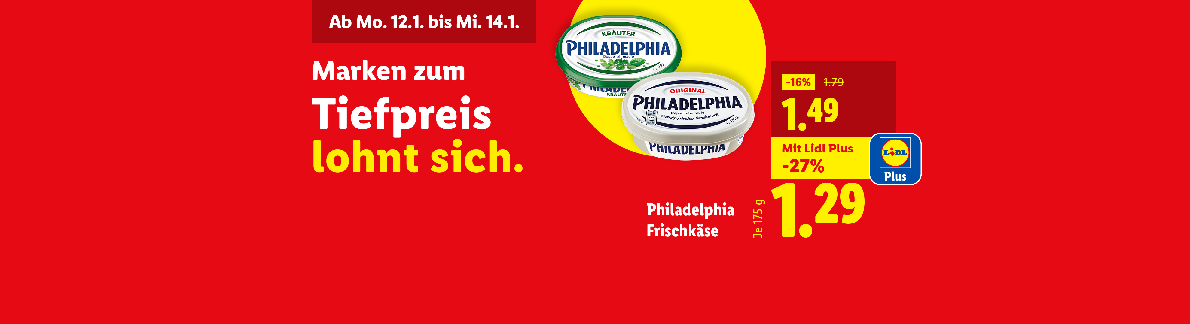 Werbung für Philadelphia Frischkäse mit Preisnachlässen, gültig vom 12. bis 14. Januar.