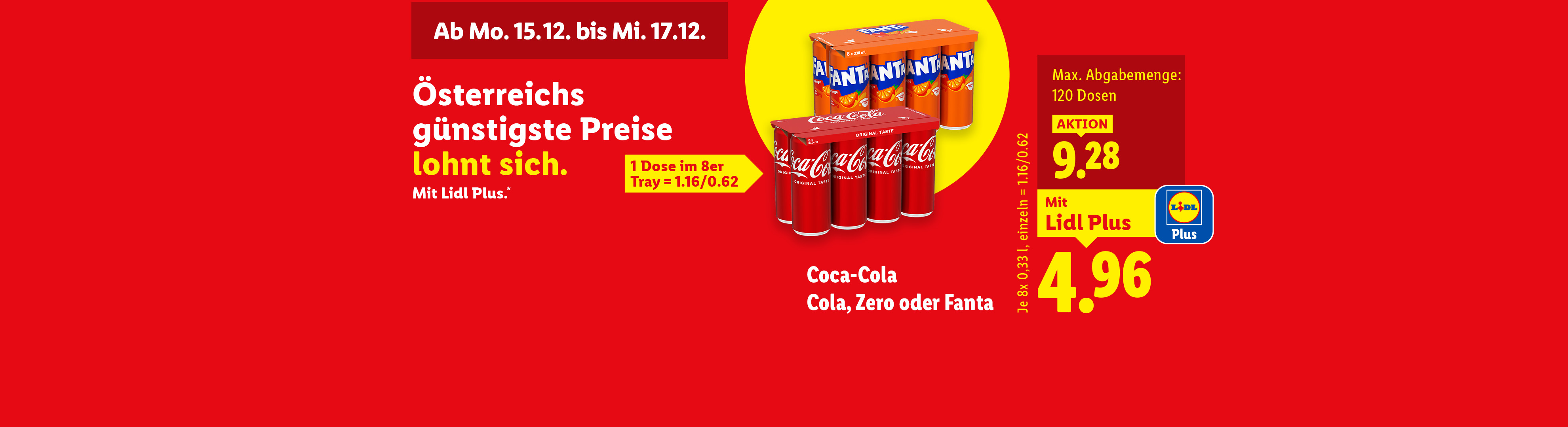 Lidl-Werbung für Coca-Cola und Fanta Dosen im 8er-Tray mit Aktionspreisen.