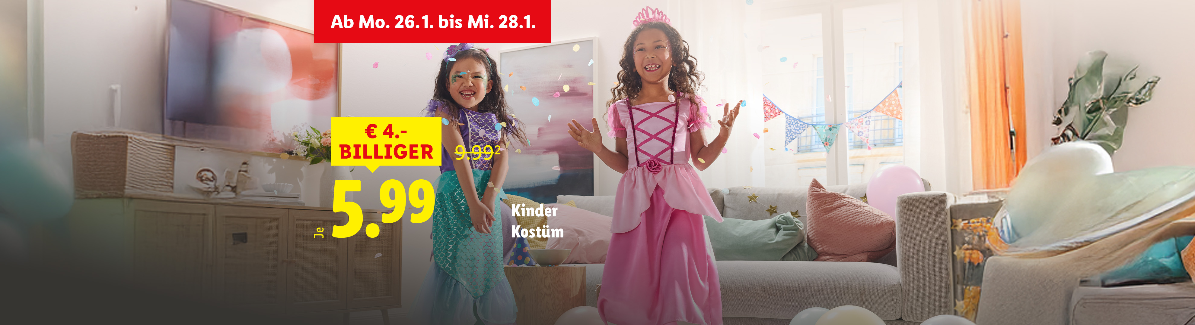 Zwei Mädchen in Kinderkostümen, Meerjungfrau und Prinzessin, mit Konfetti und Luftballons, beworben für 5,99 €.