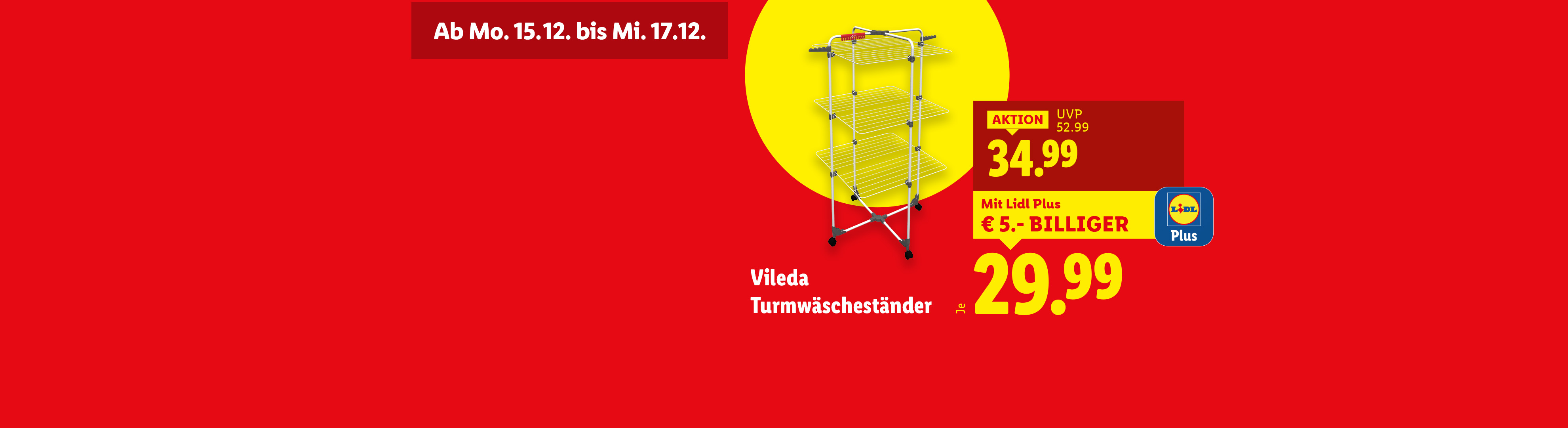 Vileda Turmwäscheständer im Angebot für 29.99€ mit Lidl Plus, gültig vom 15. bis 17. Dezember.