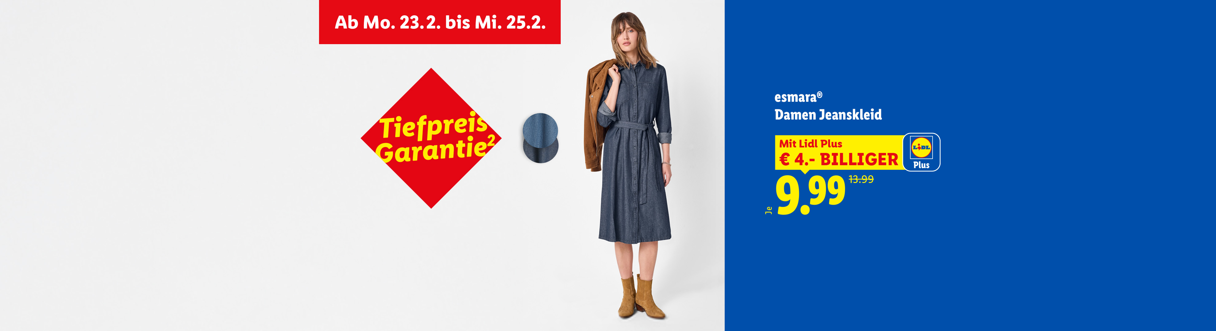 Eine Frau trägt ein Jeanskleid, daneben ein Tiefpreis-Garantie-Siegel und ein Angebot für 9,99 €.