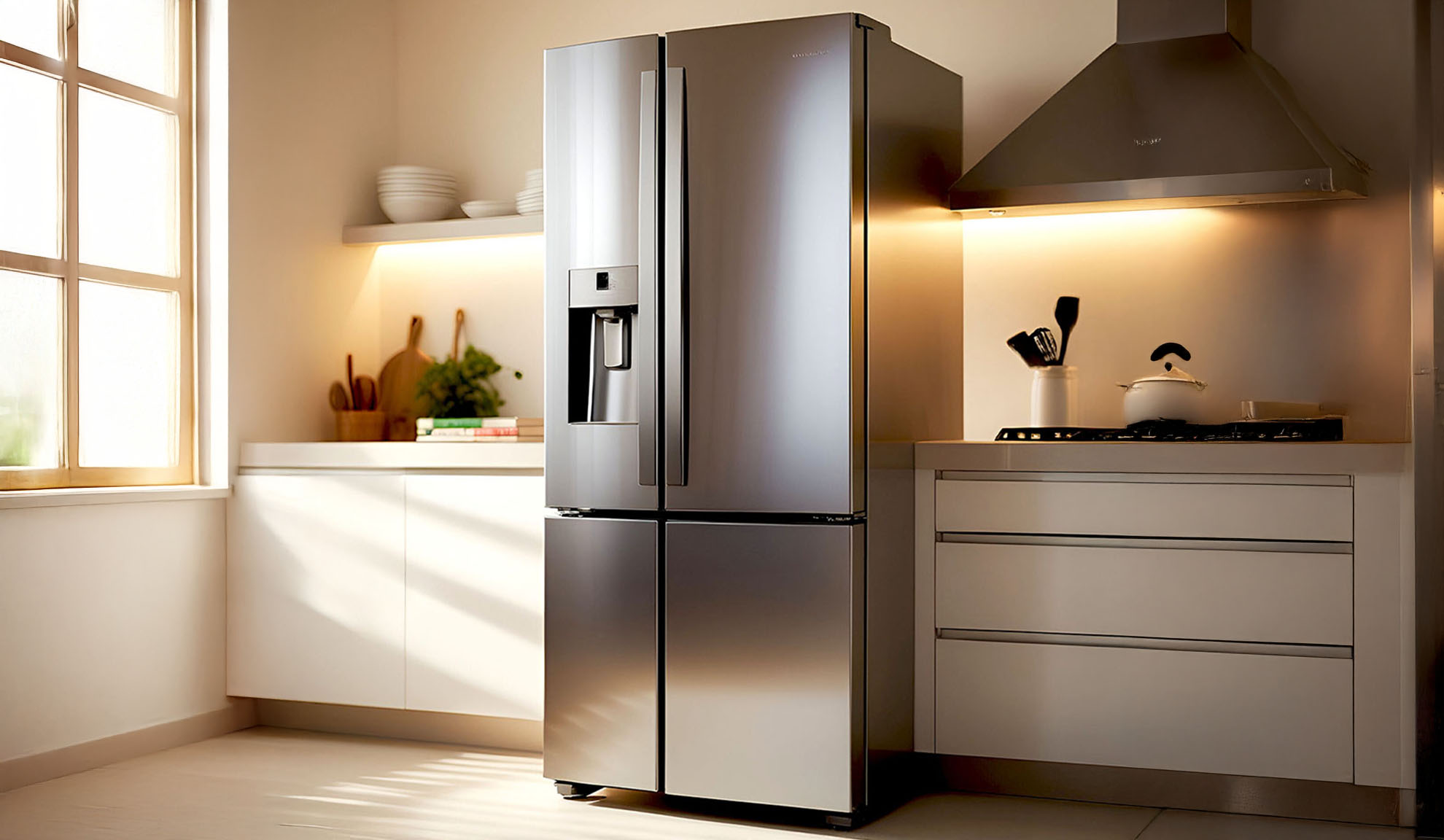 Moderne Küche mit großem, freistehendem Edelstahlkühlschrank und weißen Schränken.