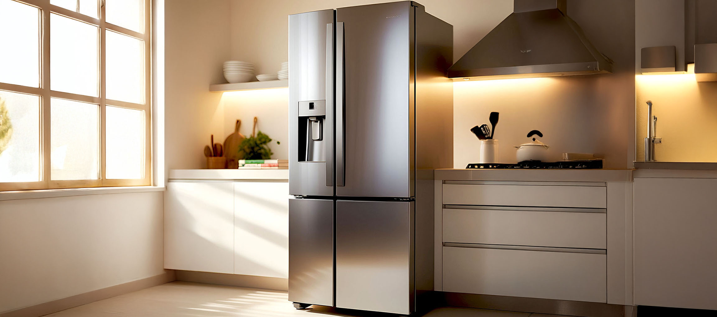 Moderne Küche mit großem, freistehendem Edelstahlkühlschrank und weißen Schränken.