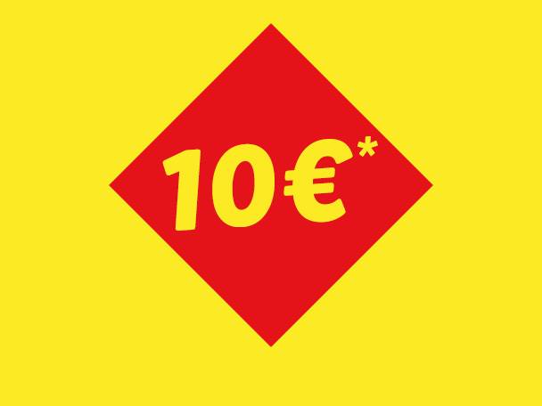 Rotes Quadrat mit der Aufschrift „10 €*“ auf gelbem Hintergrund.