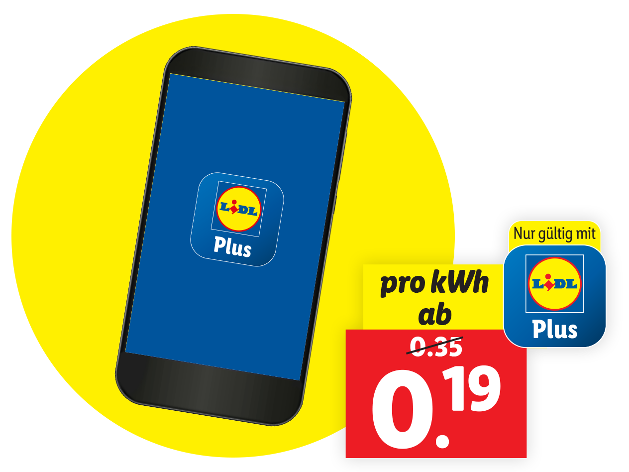 Handyscreen mit Lidl Plus App Logo oben. Zusatzinfo pro KWh zahlst du nur mit Lidl Plus ab 0,19 € statt 0,35 €.
