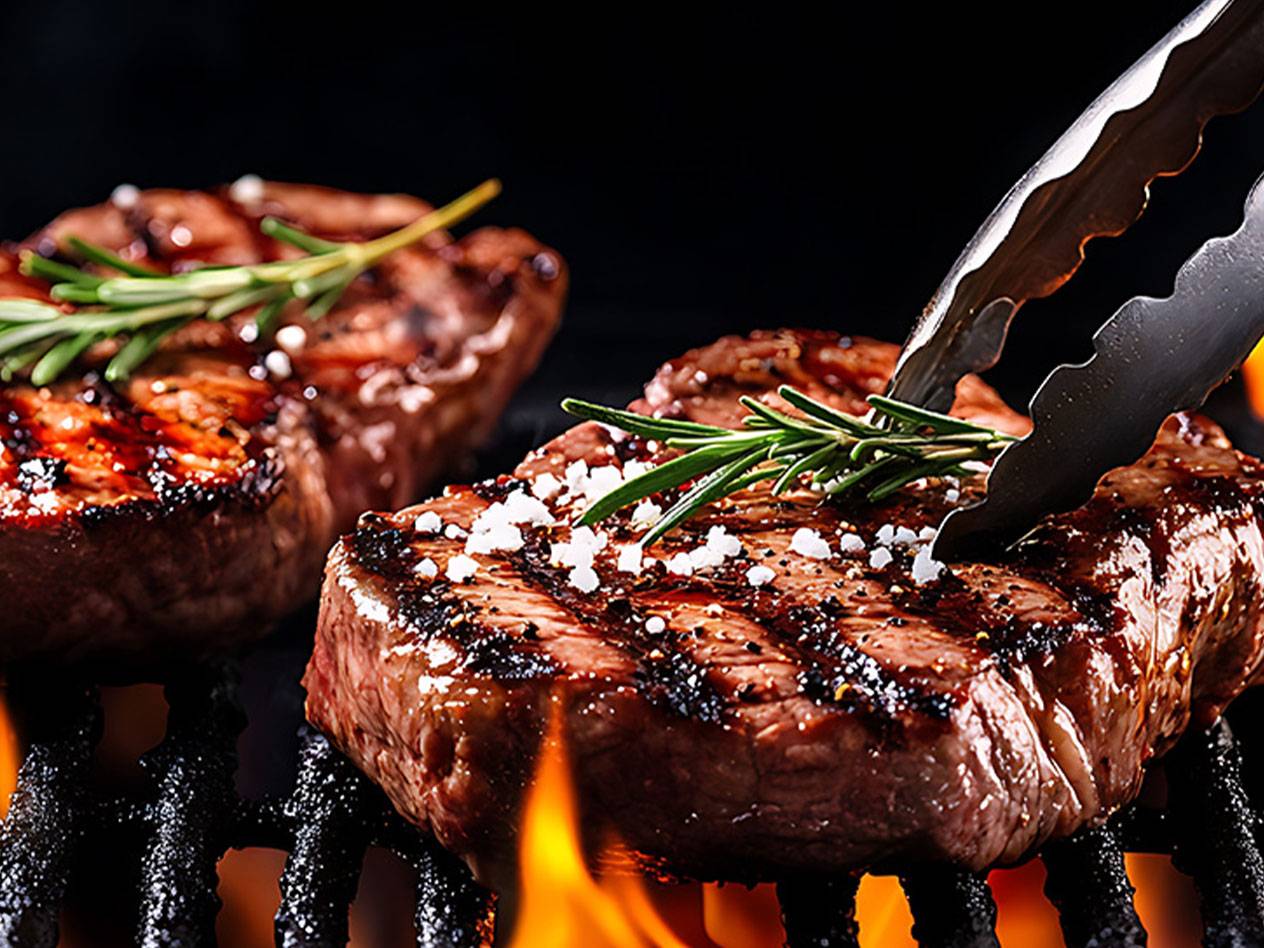 Fleischstück mit Rosmarin und Salz garniert am Grillen.