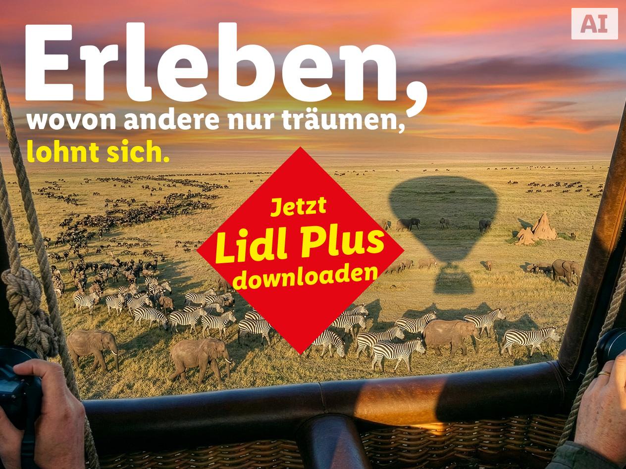 Heißluftballonfahrt über die Savanne mit Zebras und Elefanten, beworben wird eine App. KI-generiert.