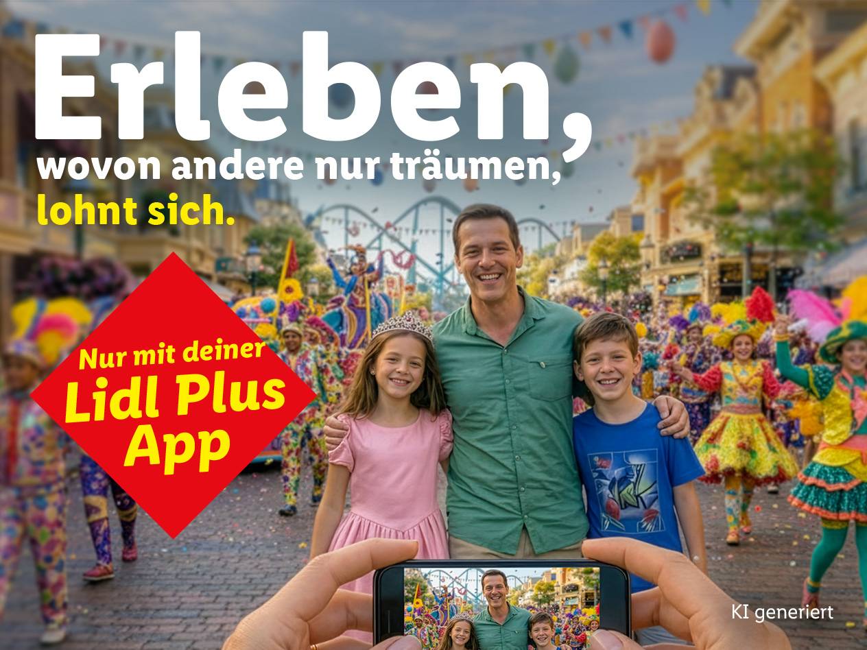 Vater und Kinder bei einer Parade, aufgenommen mit einem Smartphone, mit Text über Erlebnisse.