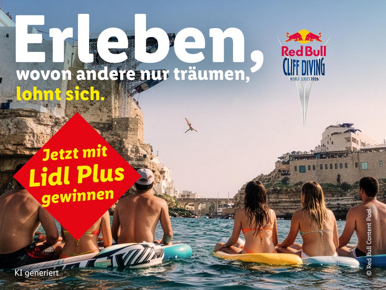 Gewinnen Sie mit Lidl Plus ein Erlebnis, von dem andere nur träumen, bei einem Klippensprung-Wettbewerb. Bild ist KI-generiert.