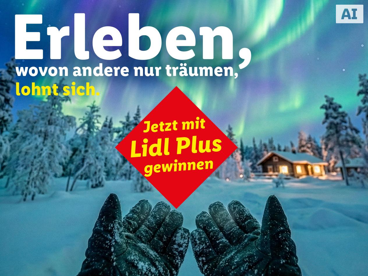 Winterlandschaft mit Nordlichtern und Händen, die nach oben reichen, mit Text über das Gewinnen. KI-generiert.