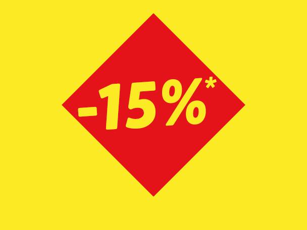 Ein rotes Quadrat mit der Aufschrift „-15 %*“ auf gelbem Hintergrund.