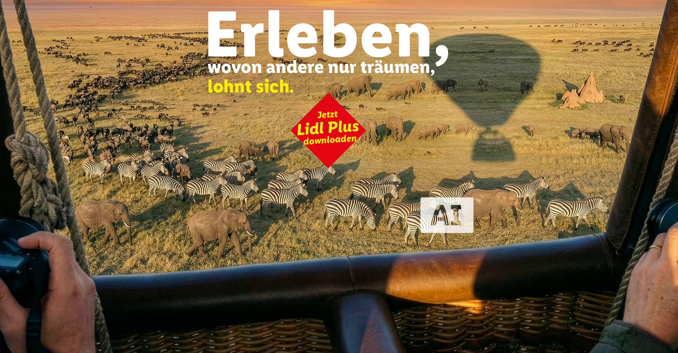 Heißluftballonfahrt über die Savanne mit Elefanten und Zebras, beworben mit 'Erleben, wovon andere nur träumen, lohnt sich.' KI-generiert.