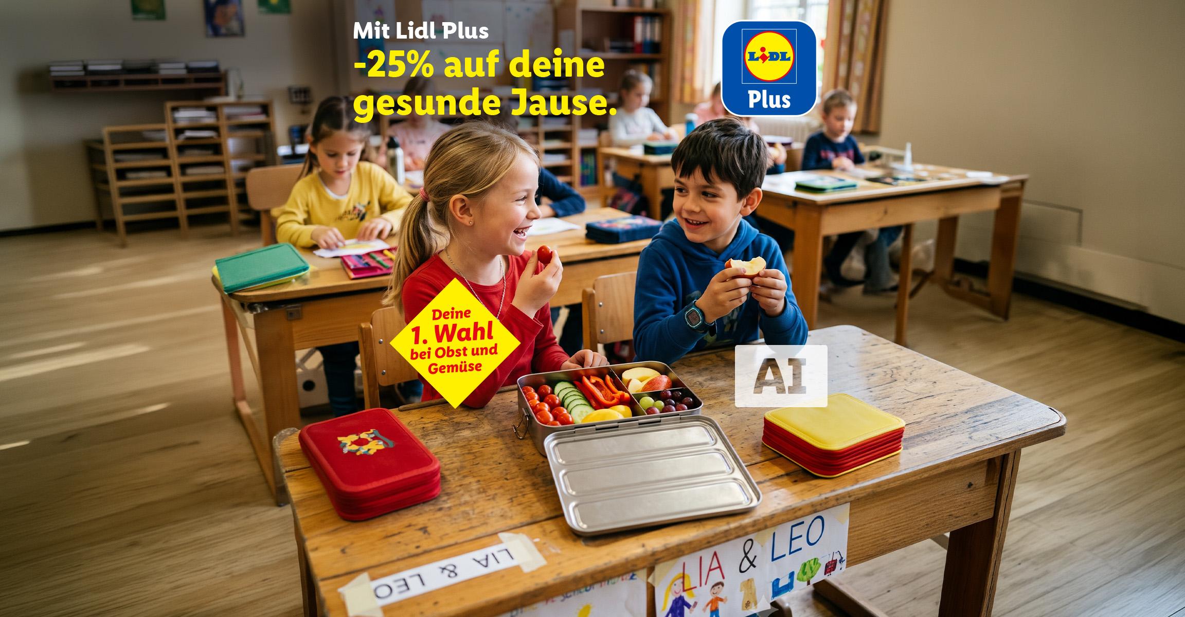 Kinder essen gesunde Snacks, mit Angebotstext für 25% Rabatt auf Obst und Gemüse.