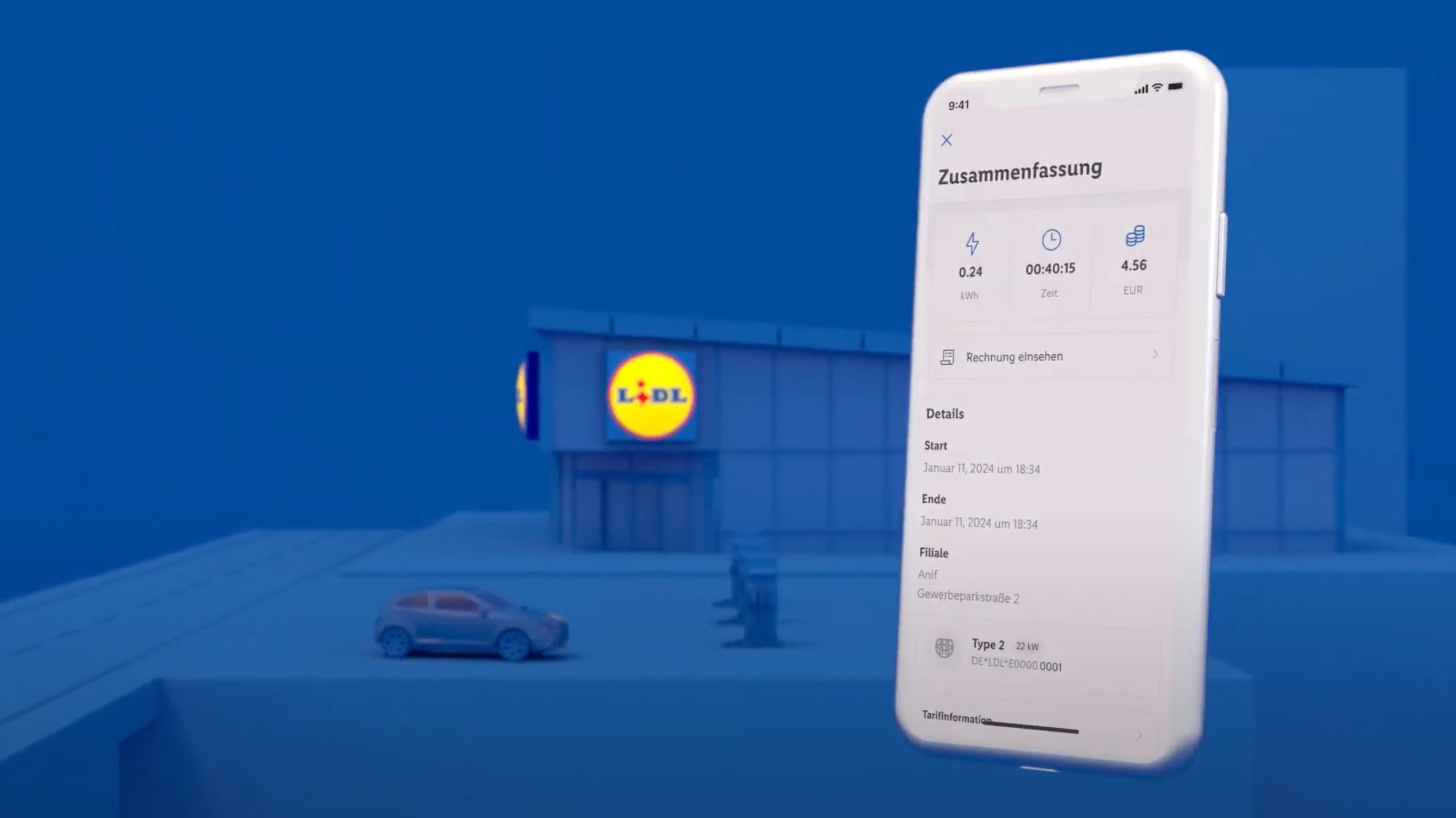Illustration eines Elektroautos, das vor einer Lidl Filiale ladet. Daneben ein Handyscreen, auf dem die Zusammenfassung des Tankvorganges in der App angezeigt wird.