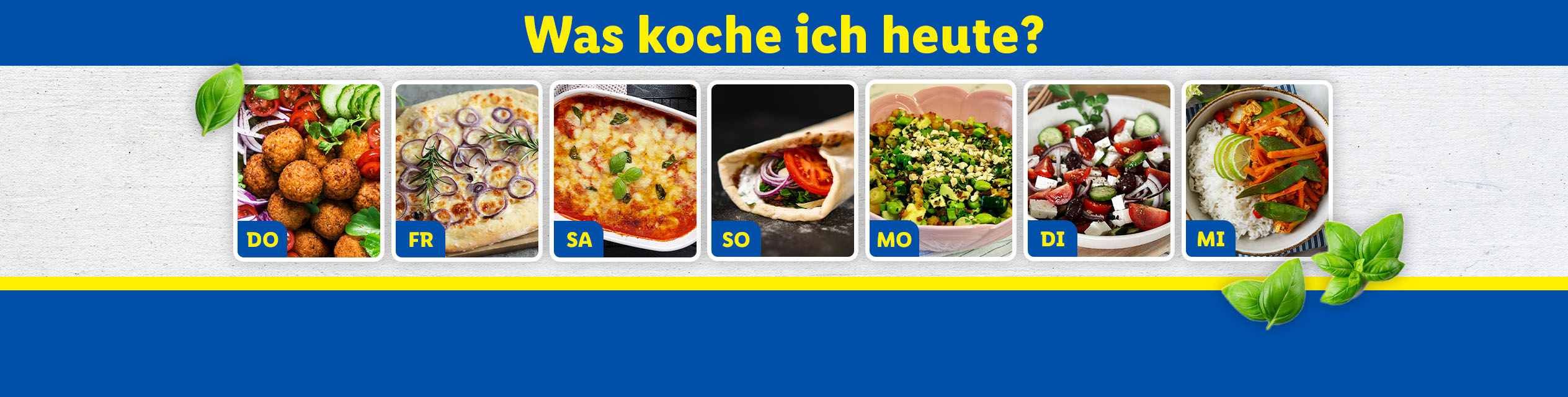 Wochenplan mit verschiedenen Gerichten: Falafel, Pizza, Auflauf, Döner, Salat und Reisgericht.