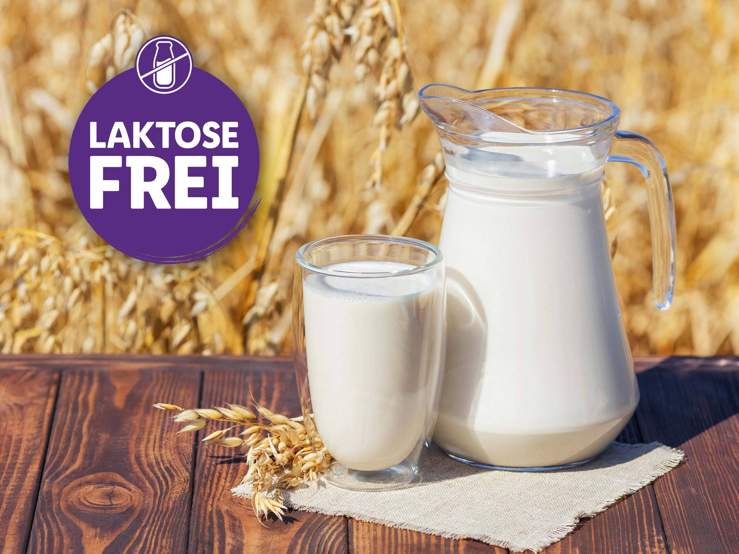 Laktosefreie Hafermilch in Krug und Glas vor einem Feld.
