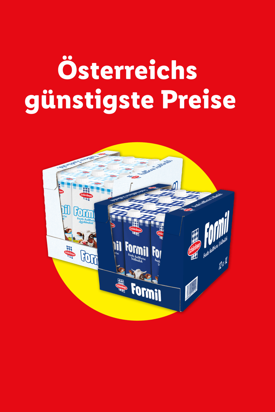 Zwei Kartons mit Milchpackungen, eine weiße und eine blaue, mit dem Text 'Österreichs günstigste Preise'.
