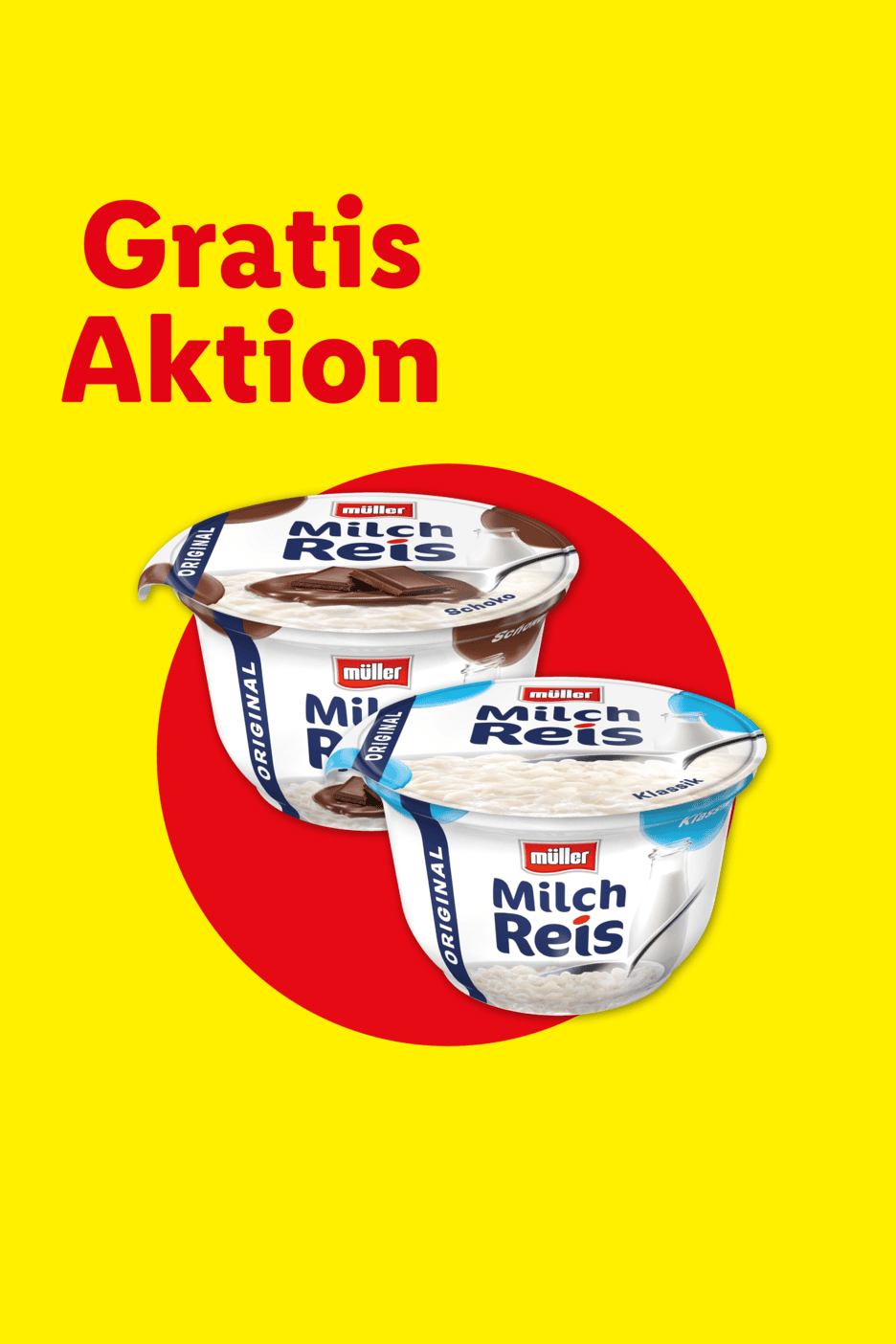 Gratis Aktion für zwei Becher Milchreis, einer mit Schokolade und einer klassisch.