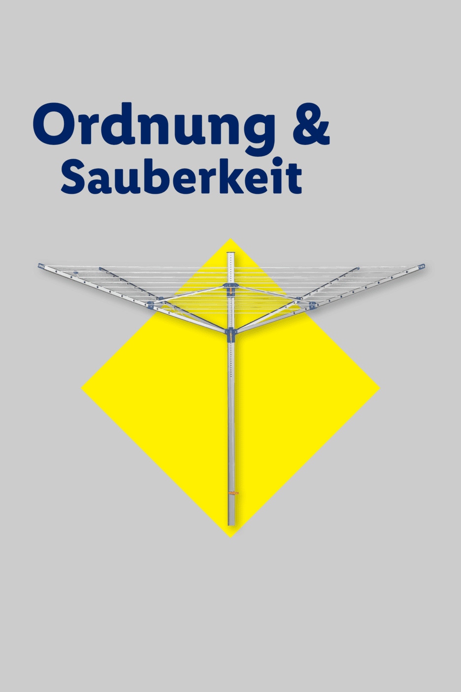 Wäschespinne auf gelbem Hintergrund mit Text „Ordnung & Sauberkeit“