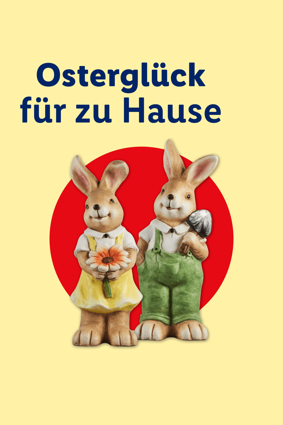 Osterglück für zu Hause: Zwei Hasenfiguren vor rotem Kreis auf gelbem Hintergrund.