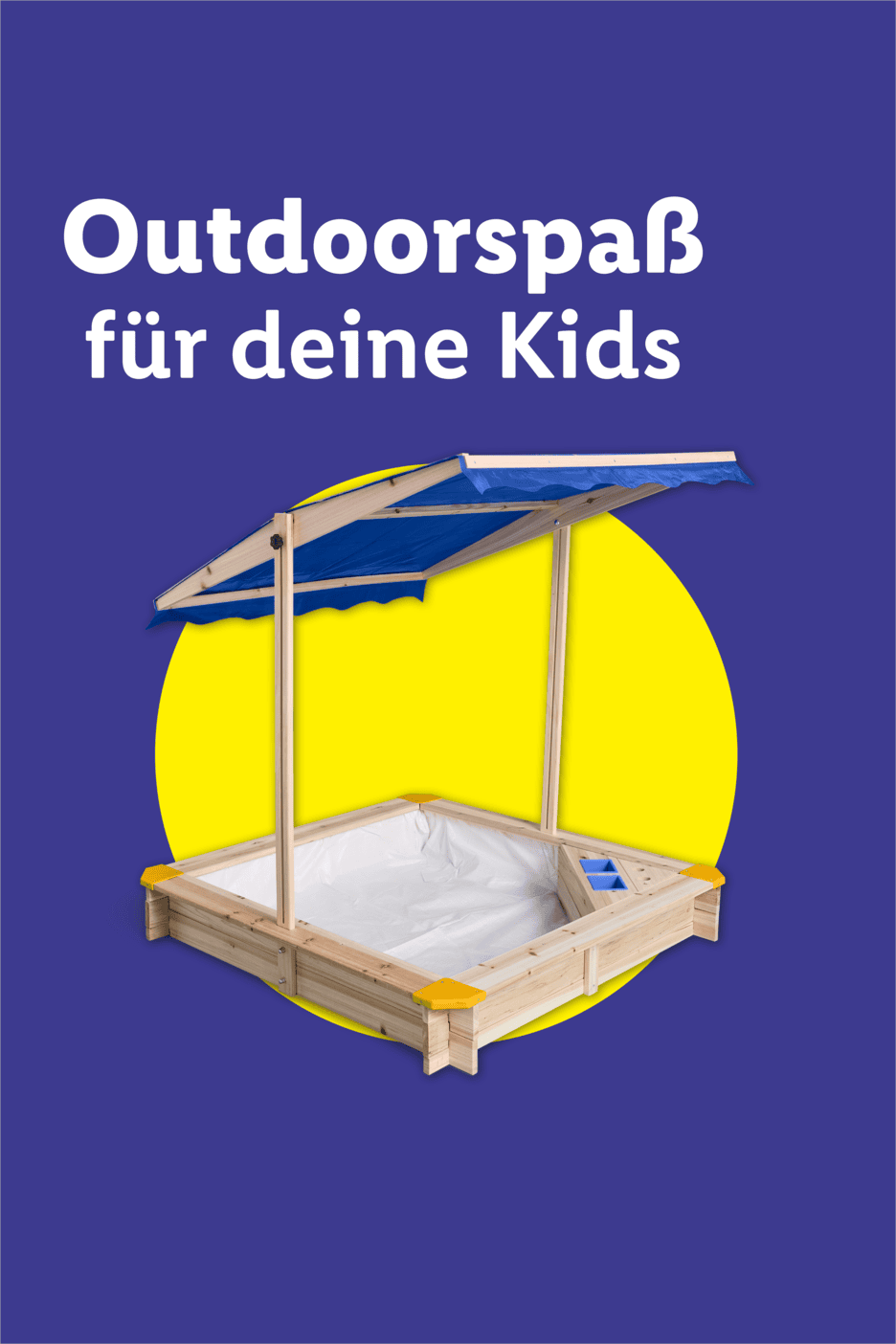 Sandkasten mit blauem Sonnendach auf gelbem Kreis, Text: Outdoorspaß für deine Kids