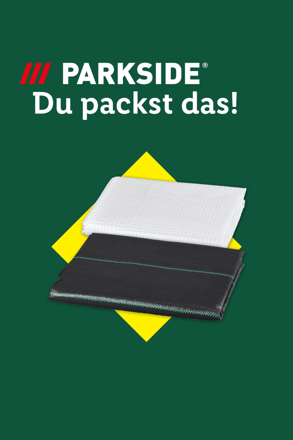 Zwei Gartenplanen (weiß und schwarz) auf gelbem Hintergrund mit dem Text 'Du packst das!'