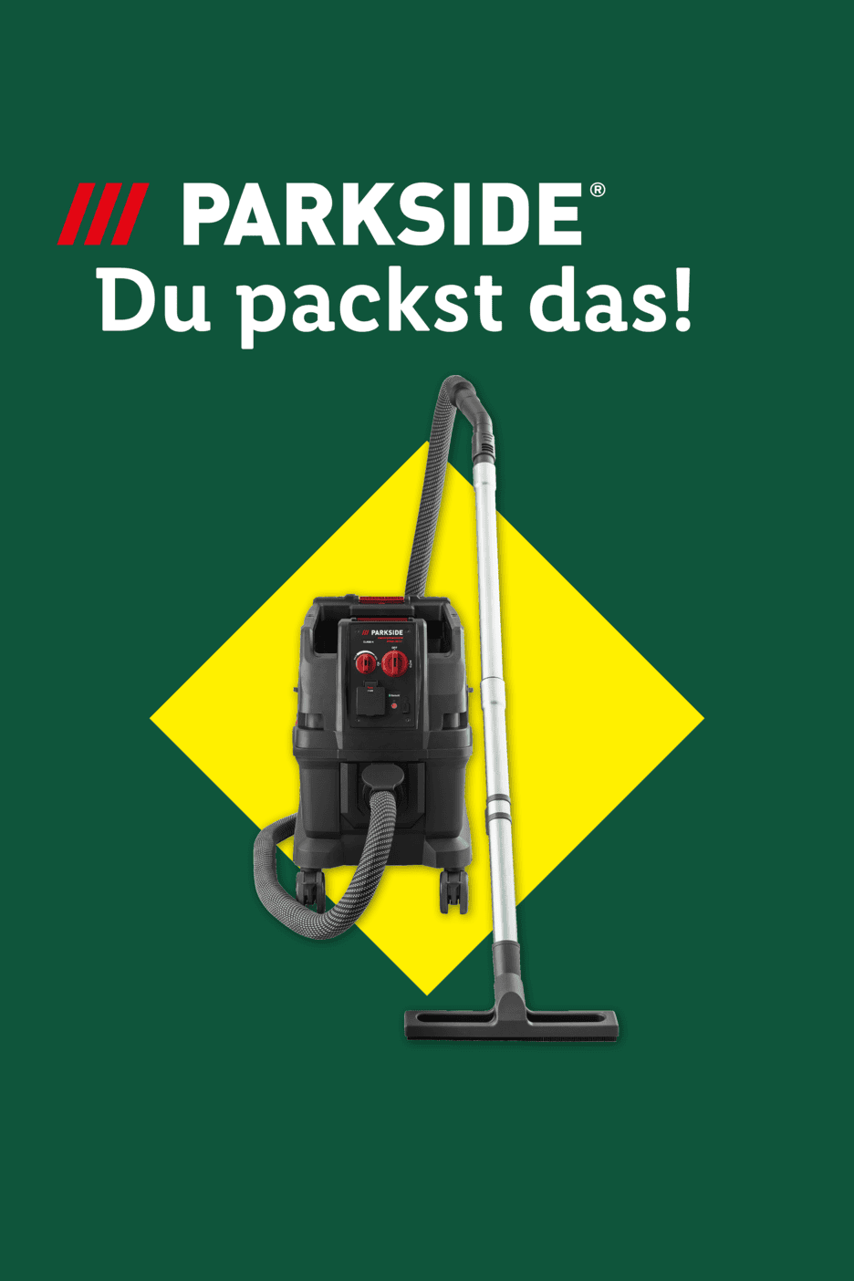 Ein Nass-Trockensauger auf grünem Hintergrund mit gelbem Rhombus und dem Text 'Du packst das!'