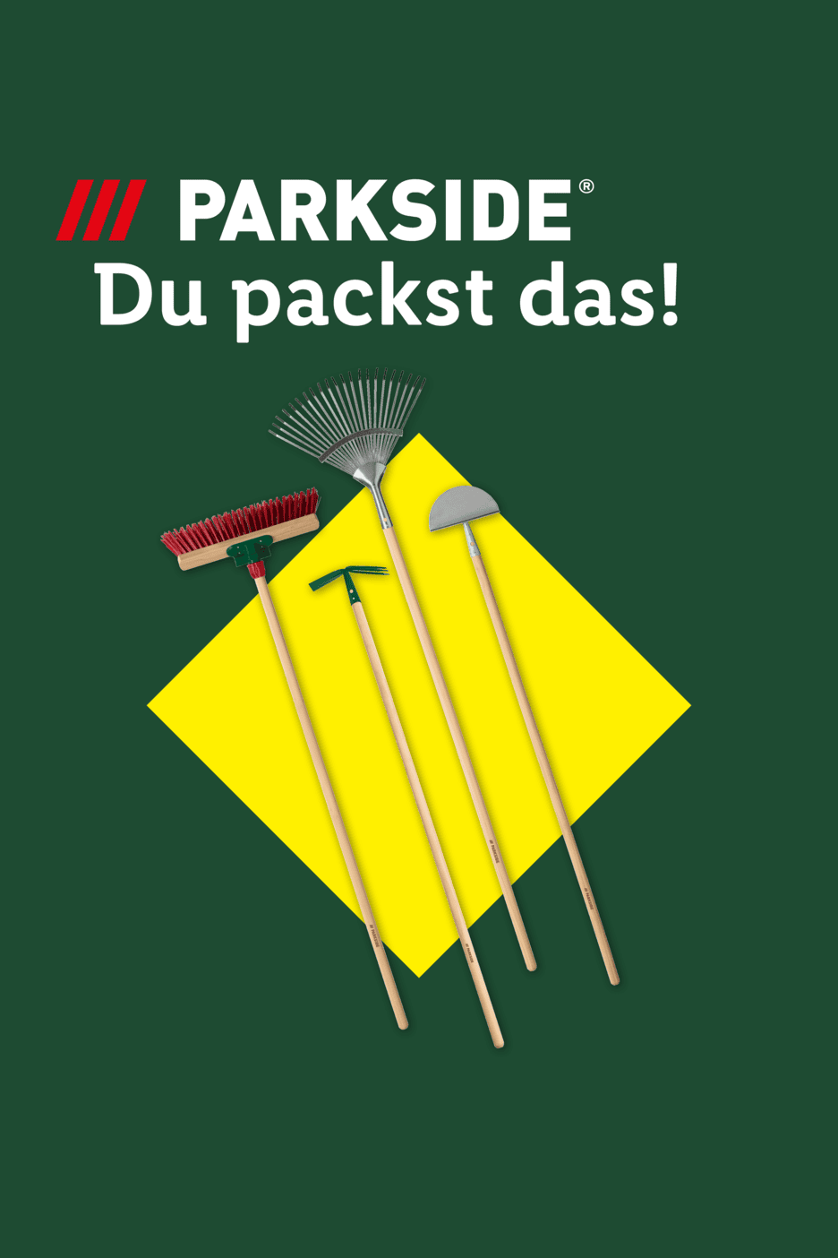 Gartengeräte wie Besen, Rechen und Hacke auf gelbem Hintergrund mit dem Text 'Du packst das!'