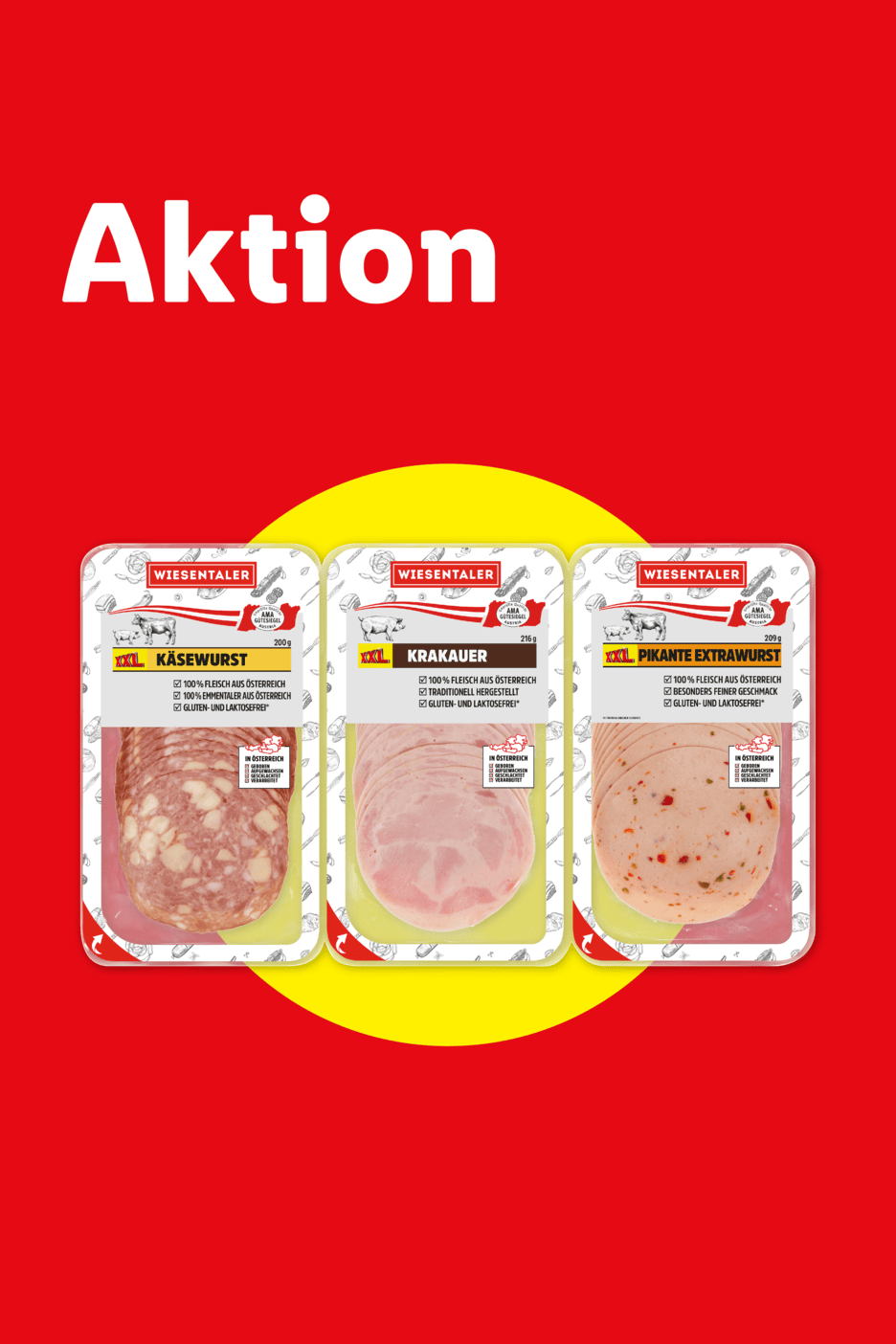 Drei Packungen Wurstwaren, darunter Käsewurst, Krakauer und pikante Extrawurst, auf rotem Hintergrund mit dem Wort „Aktion“.