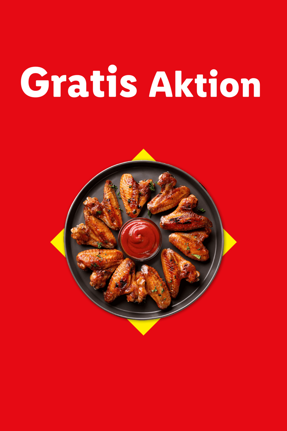 Teller mit Chicken Wings und Ketchup auf rotem Hintergrund mit gelbem Akzent und Text „Gratis Aktion“