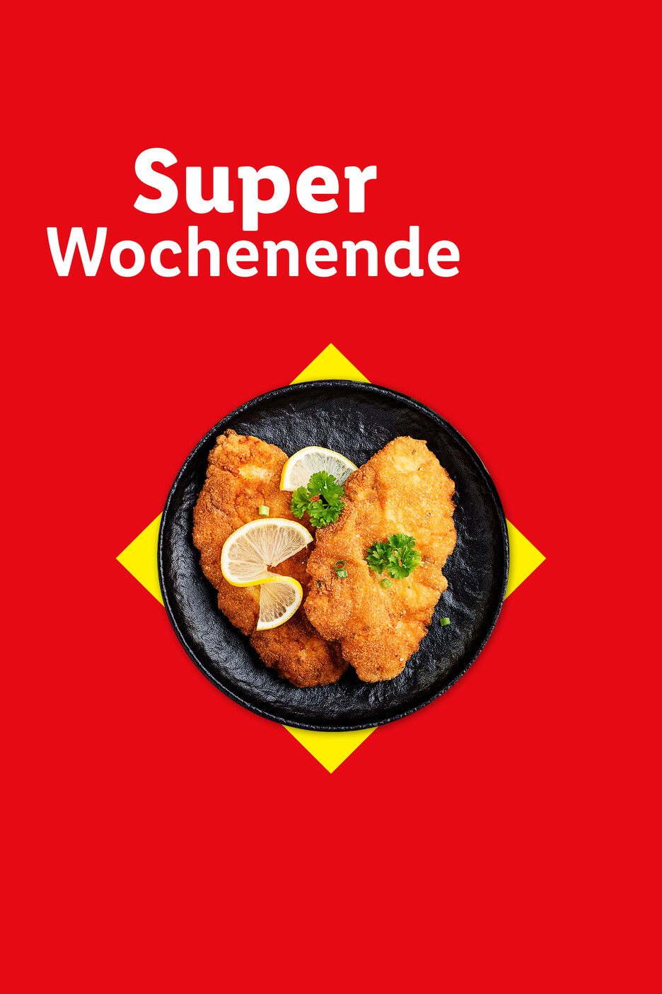 Super Wochenende: Schnitzel mit Zitrone und Petersilie auf schwarzem Teller.