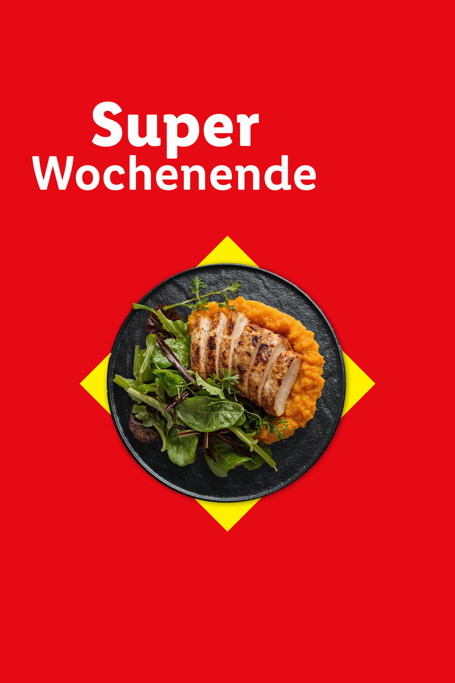 Gegrilltes Hähnchen mit Süßkartoffelpüree und Salat auf rotem Hintergrund mit Text „Super Wochenende“.