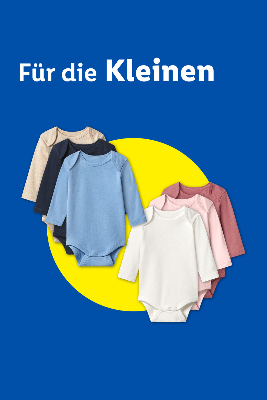 Mehrfarbige Langarm-Bodys für Babys auf blauem Hintergrund mit gelbem Kreis, Text: „Für die Kleinen“