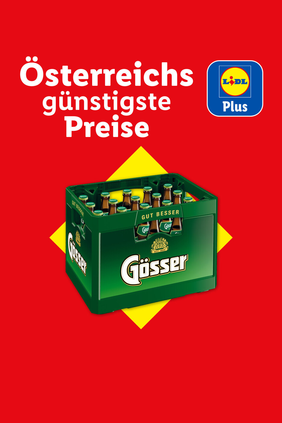 Lidl Plus: Österreichs günstigste Preise mit Gösser Bierkiste auf rotem Hintergrund.