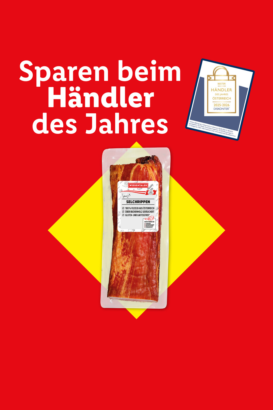 Wiesentaler Selchrippen-Packung mit dem Text „Sparen beim Händler des Jahres“ und einem „Bester Händler Österreich 2025-2026 Diskonter“-Siegel.