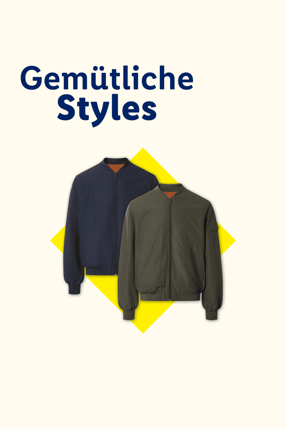 Zwei Bomberjacken in Dunkelblau und Olivgrün mit dem Text „Gemütliche Styles“.