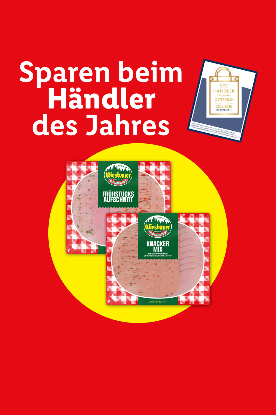 Wiesbauer Frühstücks Aufschnitt und Knacker Mix Wurstwaren auf rot-gelbem Hintergrund.