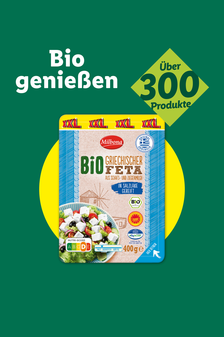 Bio-Feta aus Schafs- und Ziegenmilch in Salzlake gereift, mit Nutri-Score A und dem Hinweis auf über 300 Bio-Produkte.