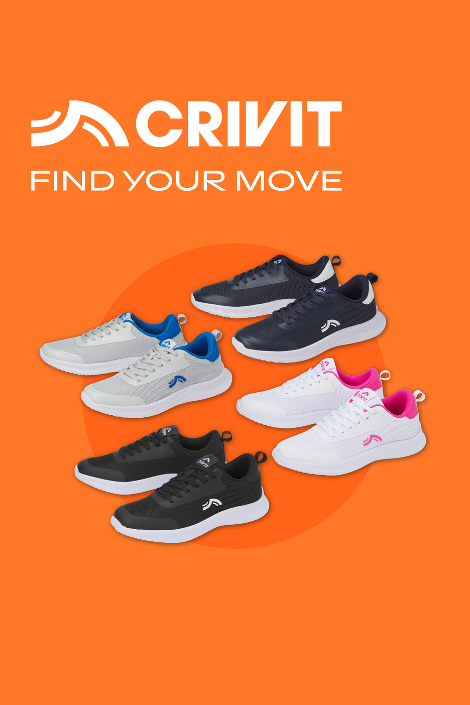 Crivit Sportschuhe in verschiedenen Farben mit dem Slogan „FIND YOUR MOVE“