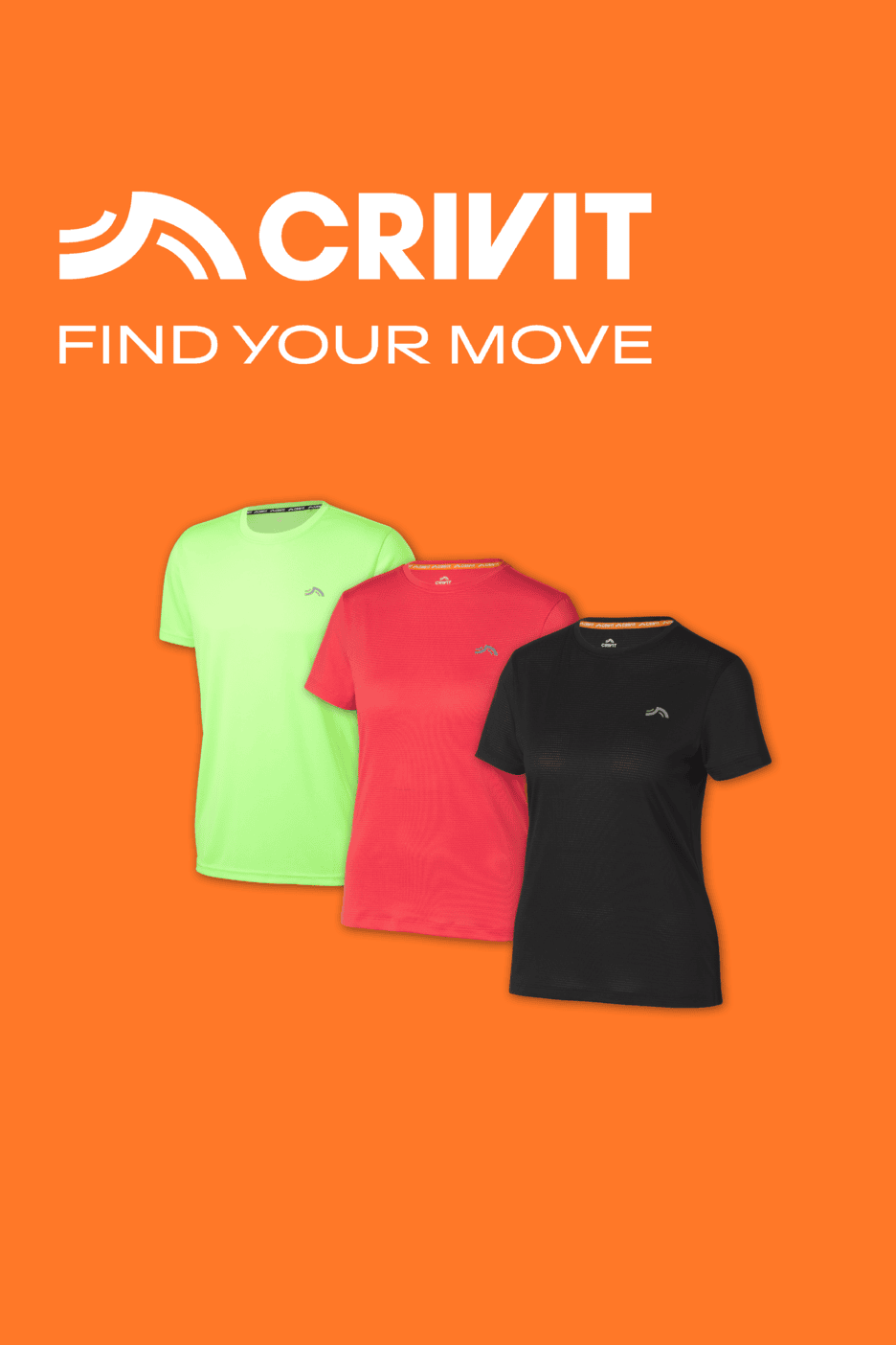 Drei Sport-T-Shirts in Neongrün, Rot und Schwarz mit dem Text „FIND YOUR MOVE“.