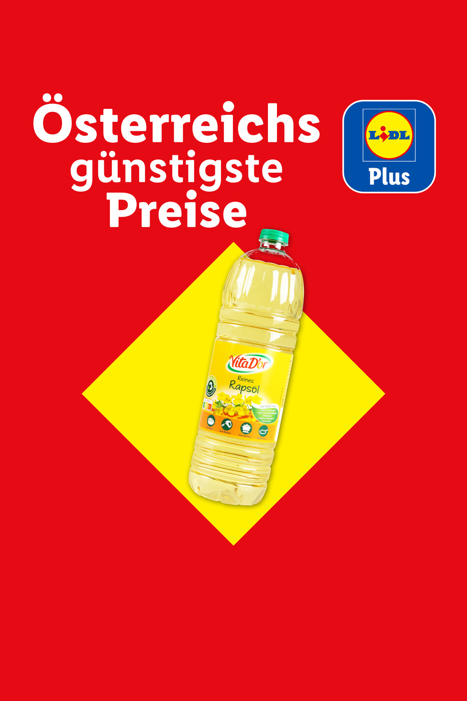 Vita D'or Rapsöl auf rotem und gelbem Hintergrund mit Lidl Plus Logo.